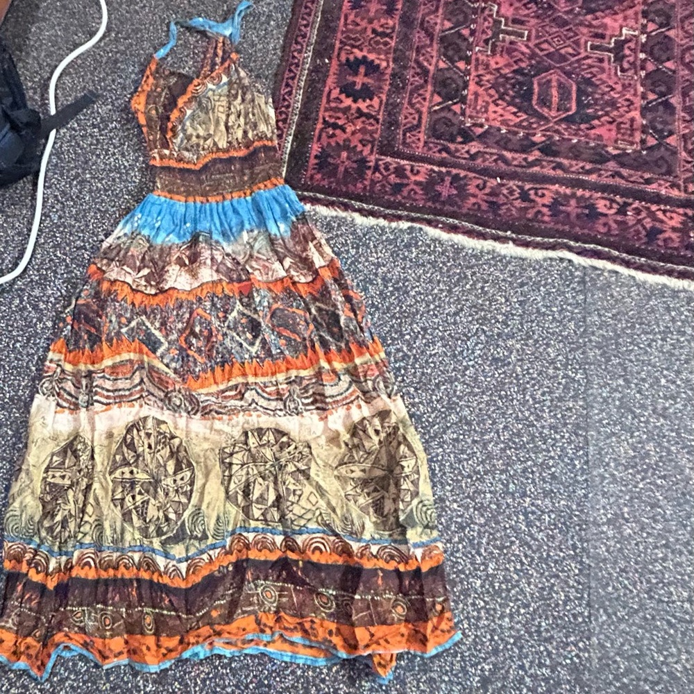 Blue and Orange Sleeveless Halter Maxi Sundress